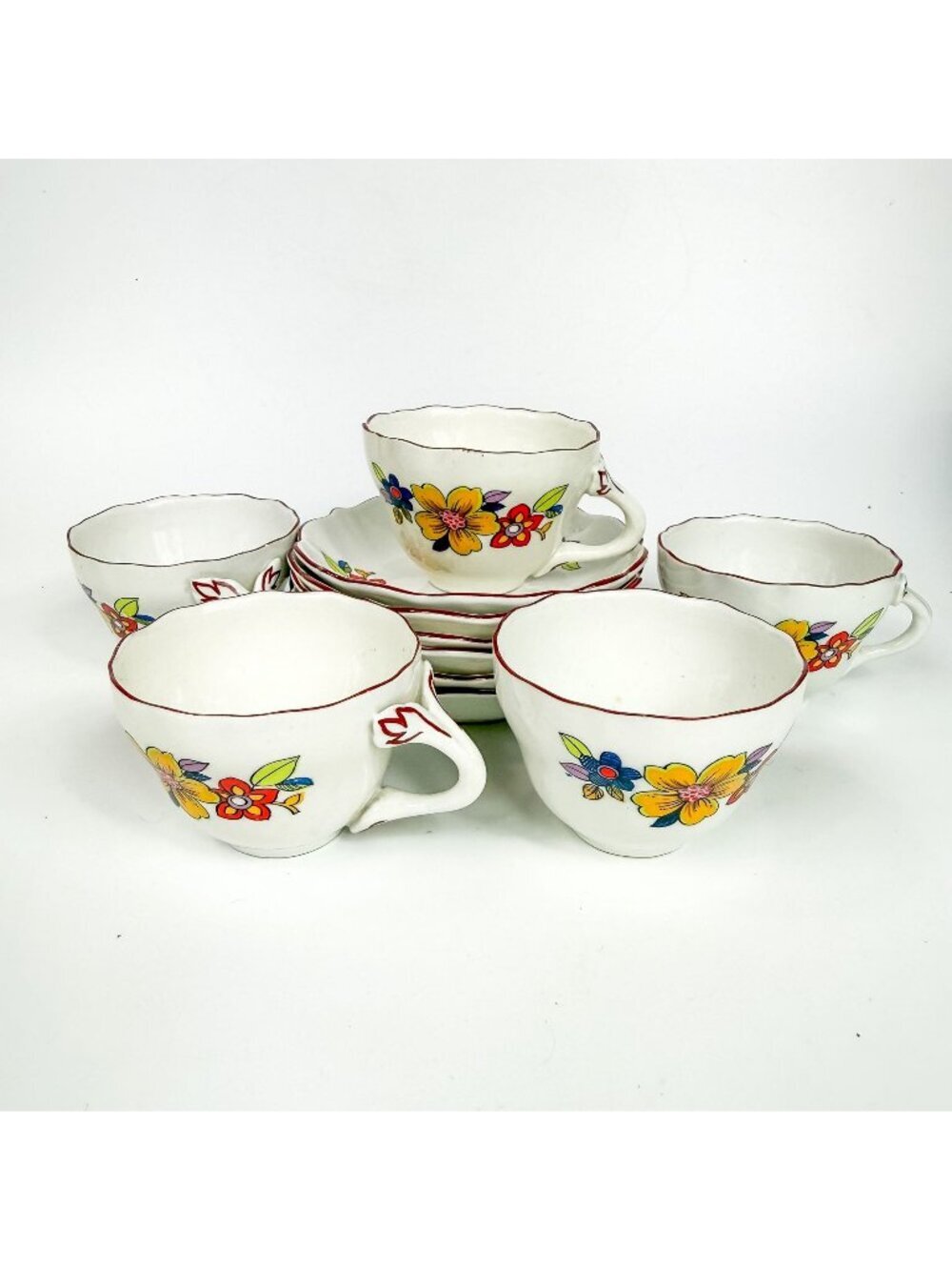 Vintage Hungary Aquincum Folk Art Floral Coffee Cups Saucers Set Of 5 Red Rim